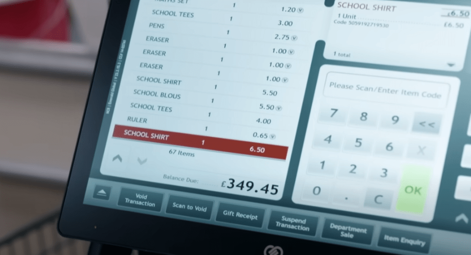 Close-up of a store checkout screen showing a £349.45 total for 67 items.