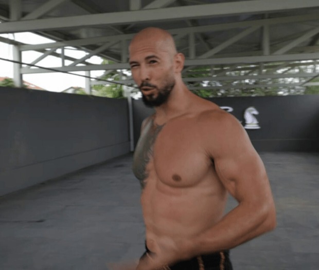 Shirtless muscular man in an outdoor space.