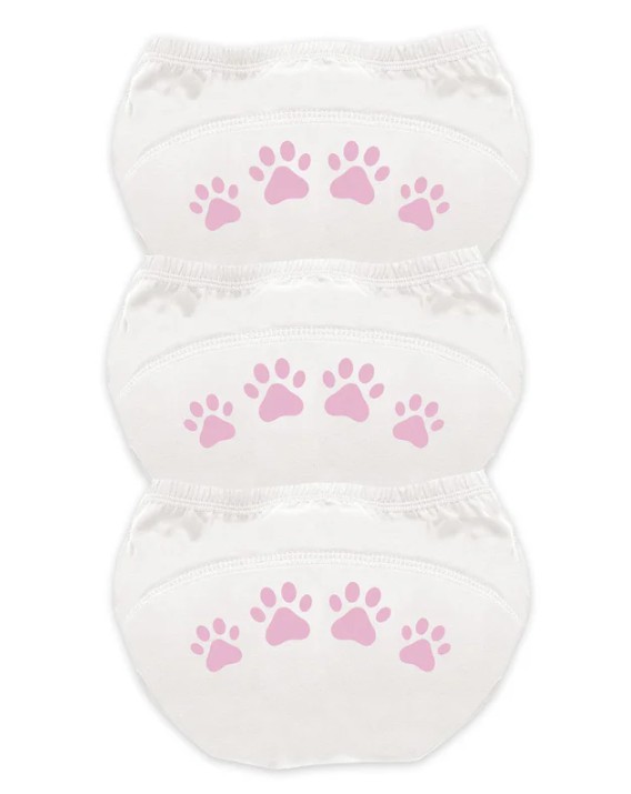 Three pairs of toddler training pants with pink paw prints.