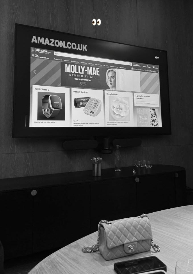 Amazon UK website displayed on a television screen, showing Molly-Mae's new Prime series.