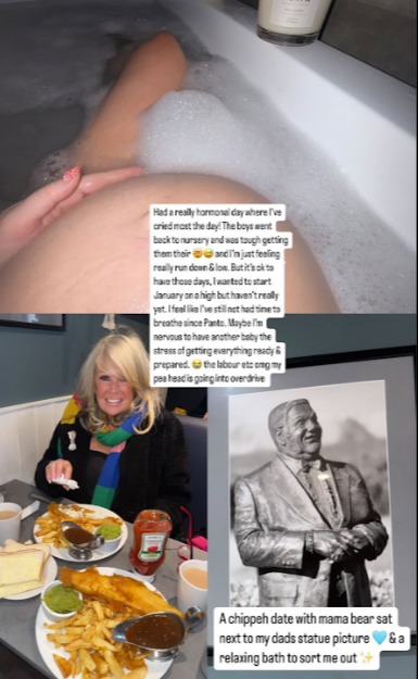 Collage showing a relaxing bath, a caption about a hormonal day, a fish and chips meal with mother, and a photo of a statue.