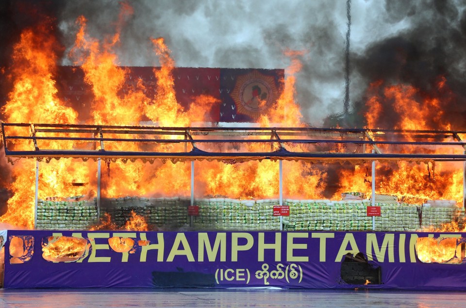 Seized drugs burning in Yangon, Myanmar.