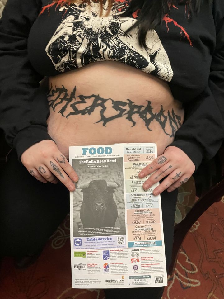 Woman's stomach tattoo of Wetherspoon's logo and pub menu.