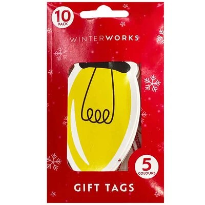 Ten Christmas lightbulb gift tags in five colors.