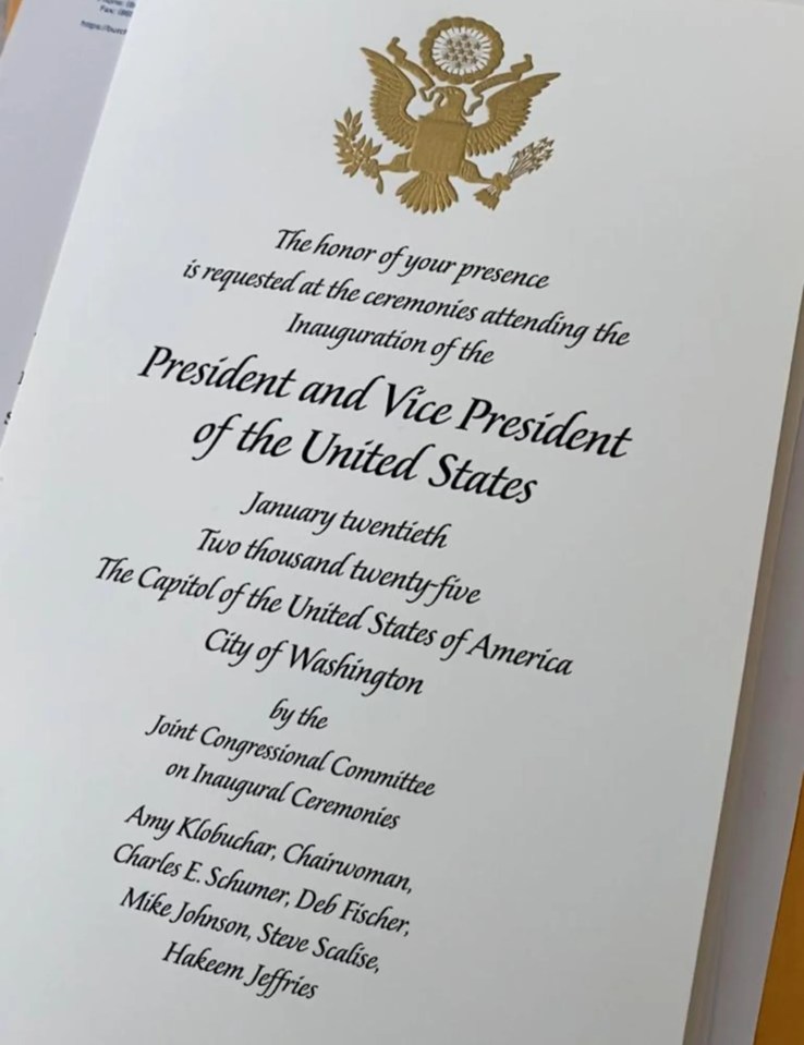 Invitation to the 2025 Presidential Inauguration.