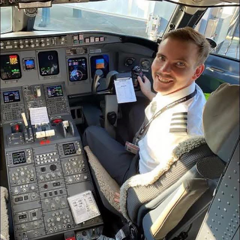 Portrait of Samuel Lilley, a 28-year-old pilot, in the cockpit of an airplane.