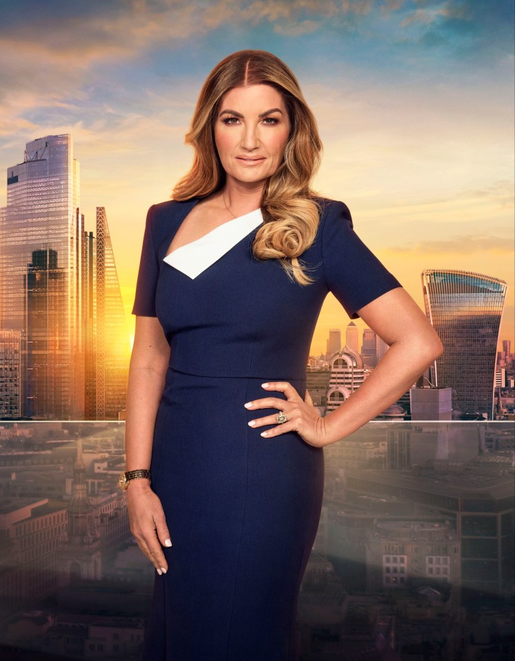 Baroness Karren Brady in a navy dress, against a London skyline.