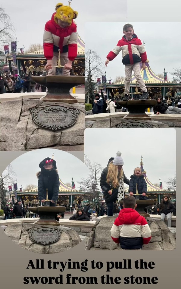 Family trying to pull a sword from a stone at Disneyland.