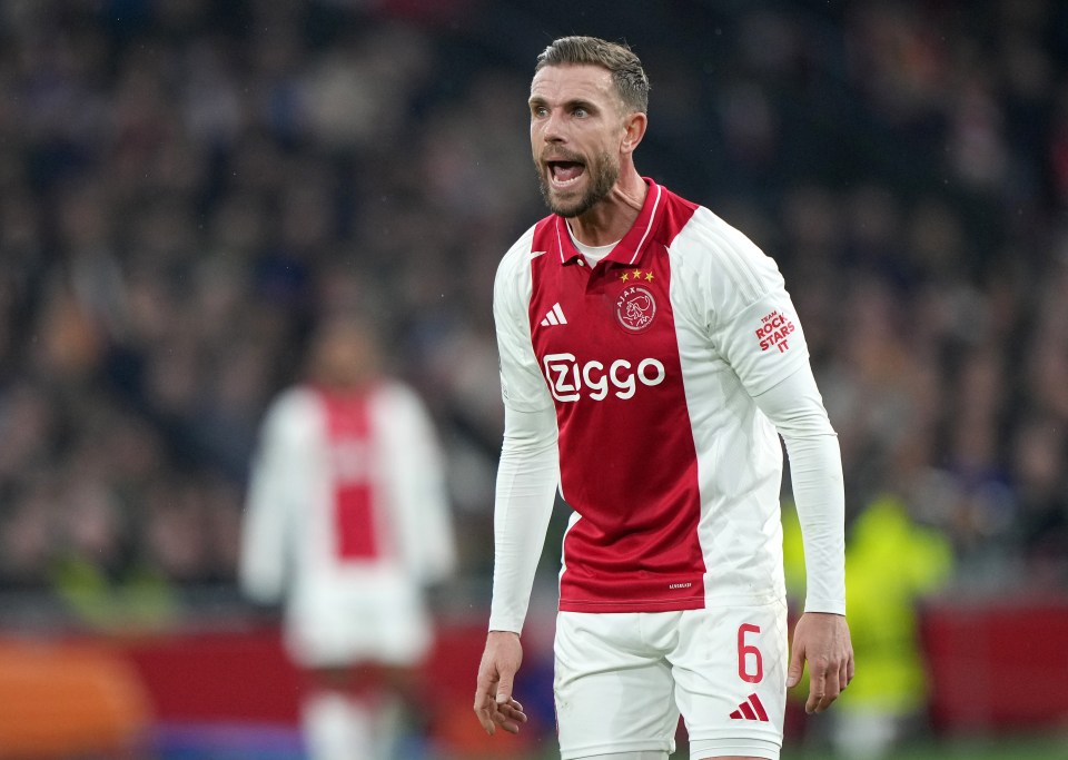 Jordan Henderson #6 of Ajax reacts during a soccer match.