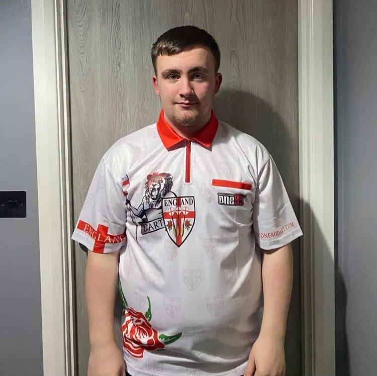 Man in England darts shirt.