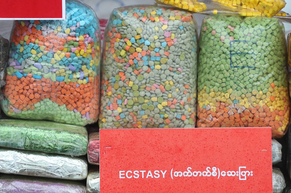 Bags of seized ecstasy pills to be destroyed in Myanmar.