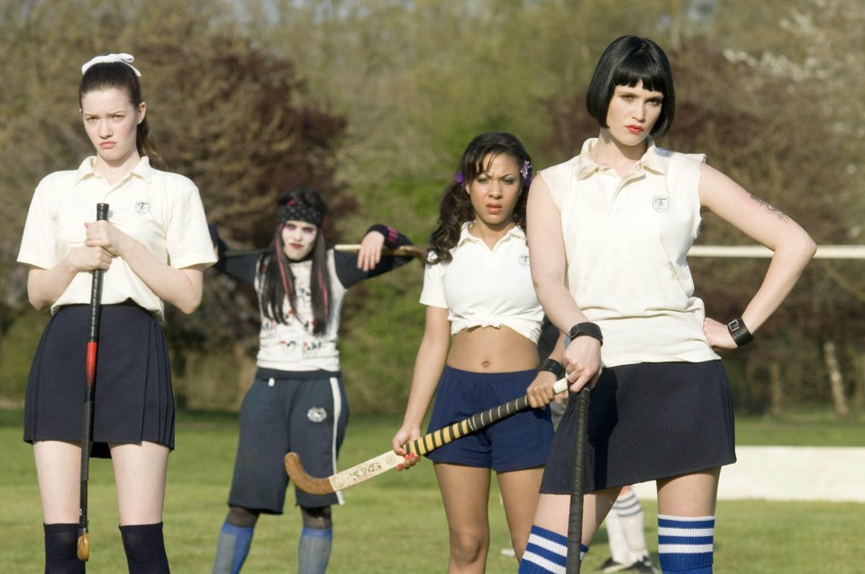 Scene still from *St Trinian's* (2007), featuring Paloma Faith, Kathryn Drysdale, and Gemma Arterton.