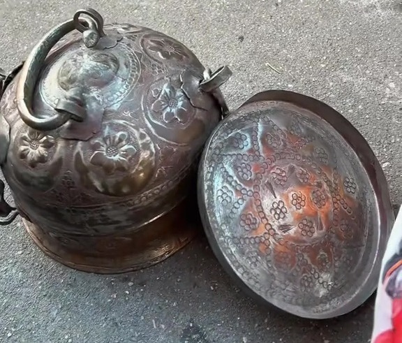 Ornate metal container and lid, $124.