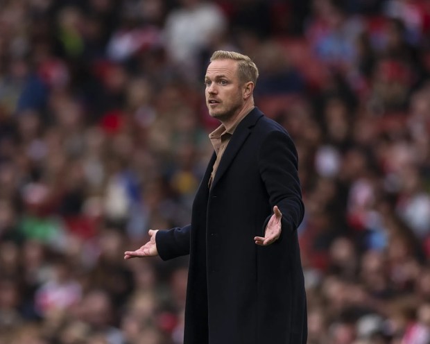 Jonas Eidevall, Arsenal Women's manager, on the touchline.