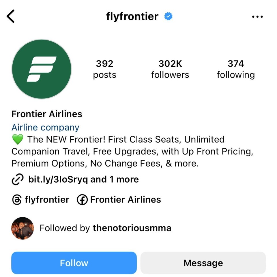 Frontier Airlines Instagram profile with 302K followers.