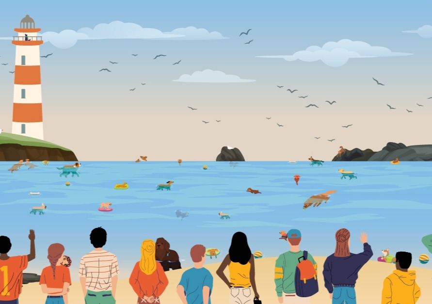 Illustration of people at a beach with many dogs in the water; a lighthouse in the background.  Spot all 25 dogs.