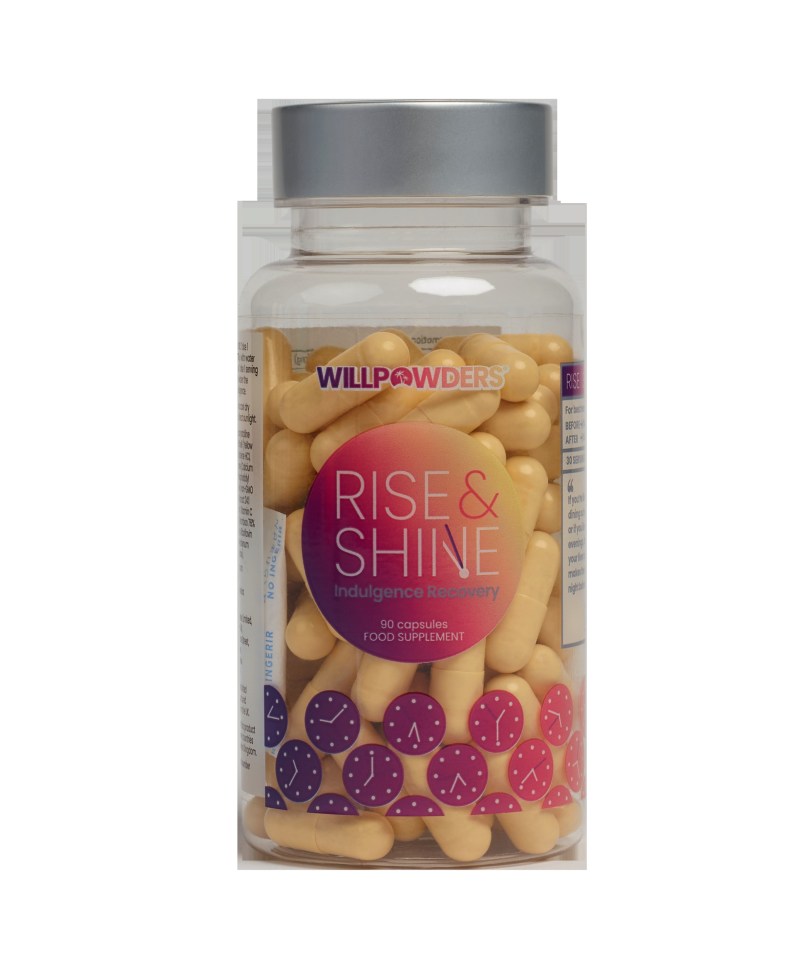 Bottle of Rise & Shine Indulgence Recovery capsules.