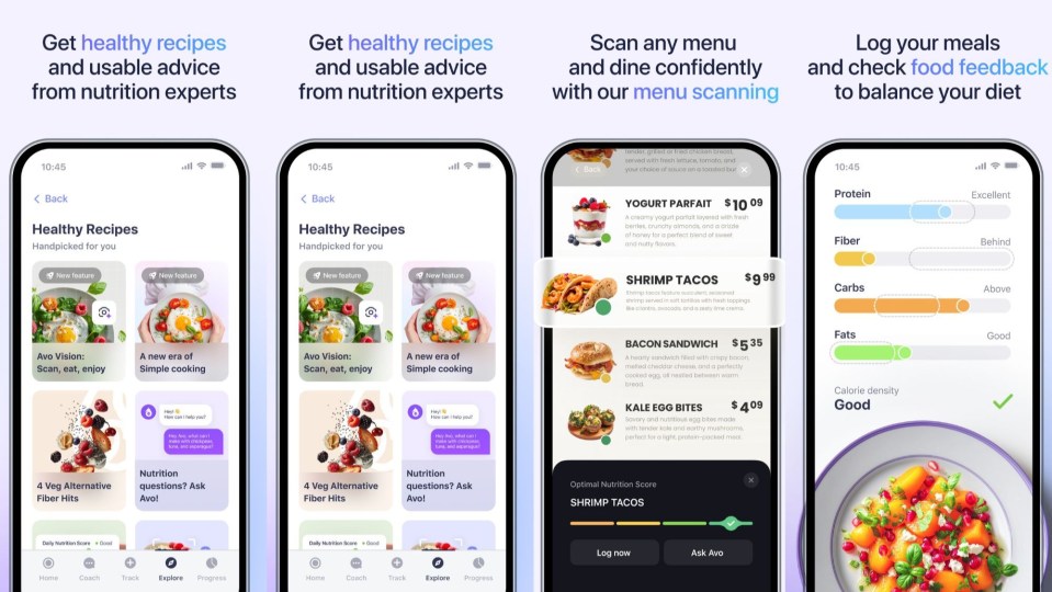 Screenshots of a healthy eating app showing recipes, menu scanning, and nutritional analysis.