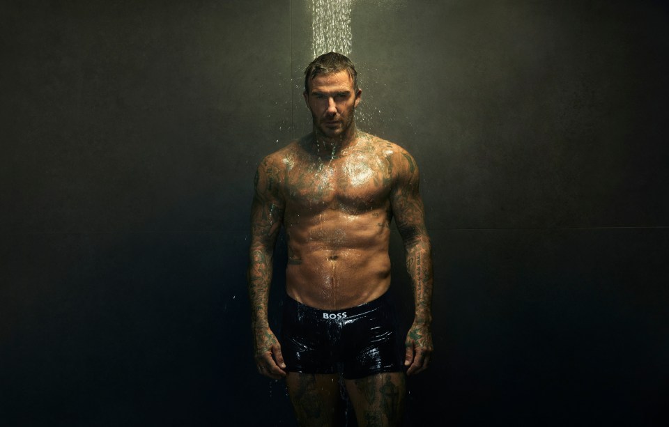 David Beckham in BOSS underwear under a shower.