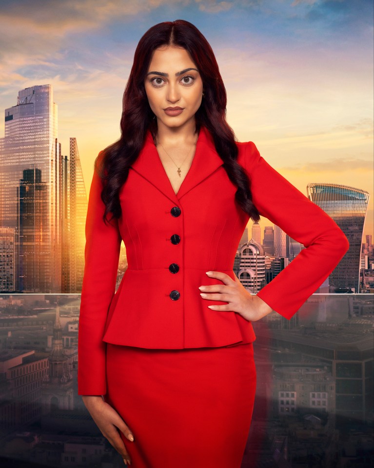 Amber-Rose Badrudin, The Apprentice contestant, in a red suit against a London cityscape.