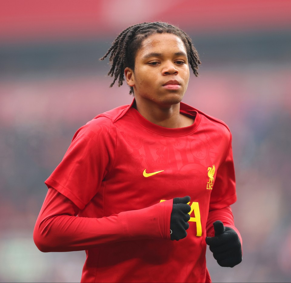 Rio Ngumoha of Liverpool warming up before a match.