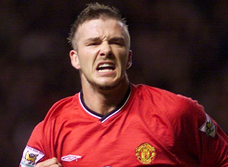 David Beckham of Manchester United celebrating a goal.