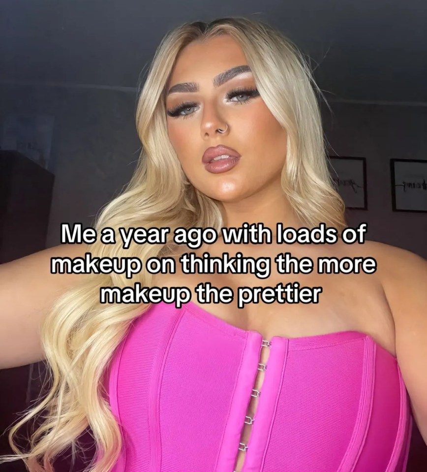 Woman a year ago wearing heavy makeup.