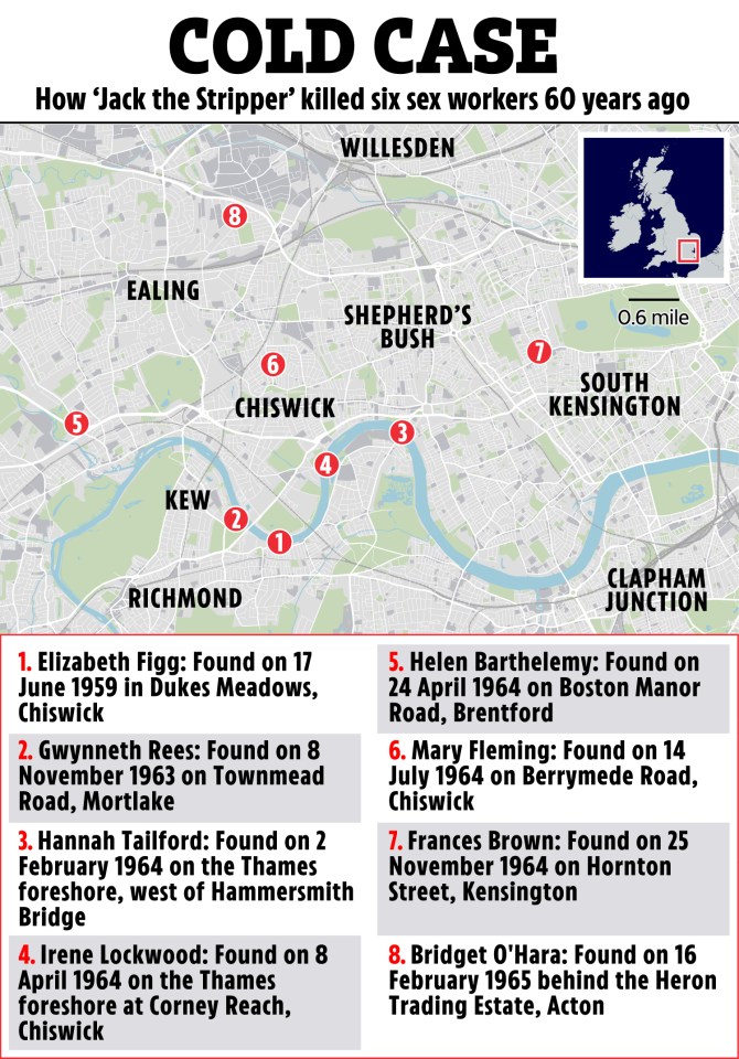 Illustration of London map marking locations where six sex workers were found murdered.