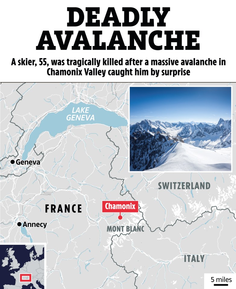 Map showing location of fatal avalanche in Chamonix Valley, France.