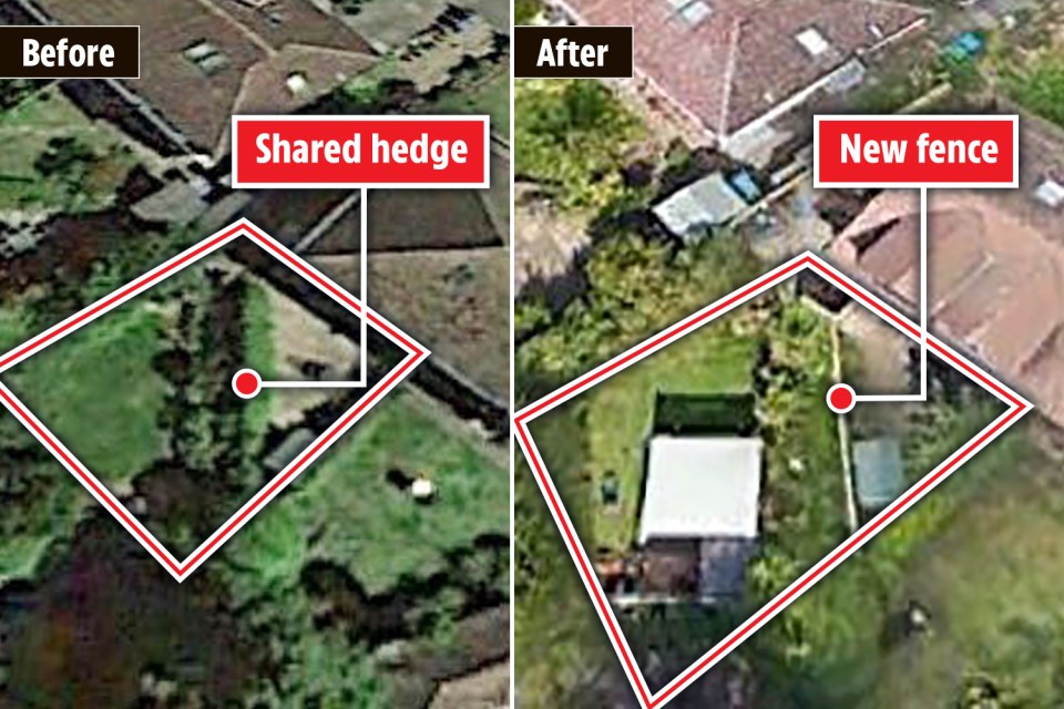 Before and after aerial view of a property showing a shared hedge replaced with a new fence.