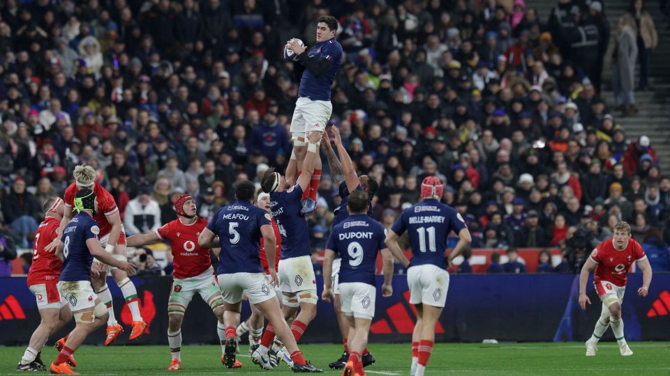 Rugby players during a line-out.