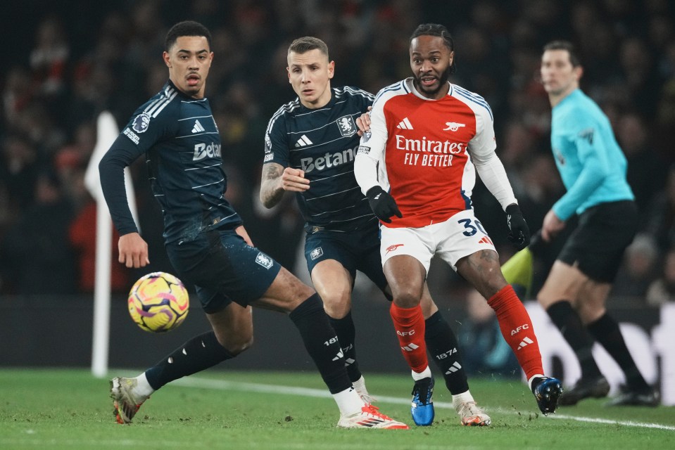 Aston Villa's Lucas Digne, centre, Arsenal's Raheem Sterling, second right, in action during the English Premier League soccer match between Arsenal and Aston Villa at the Emirates Stadium in London, Saturday, Jan. 18, 2025. (AP Photo/ Dave Shopland)