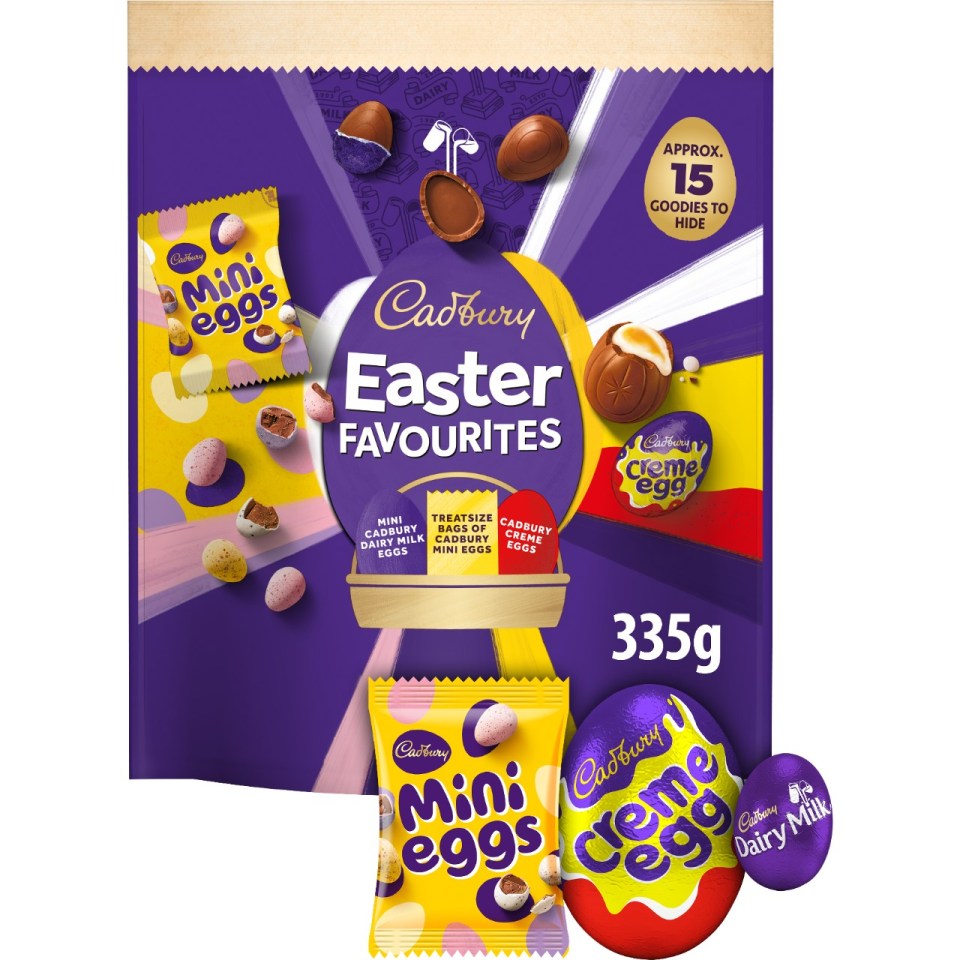 Cadbury Easter Favourites 335g pouch: Mini eggs, Creme Eggs, and Dairy Milk egg.