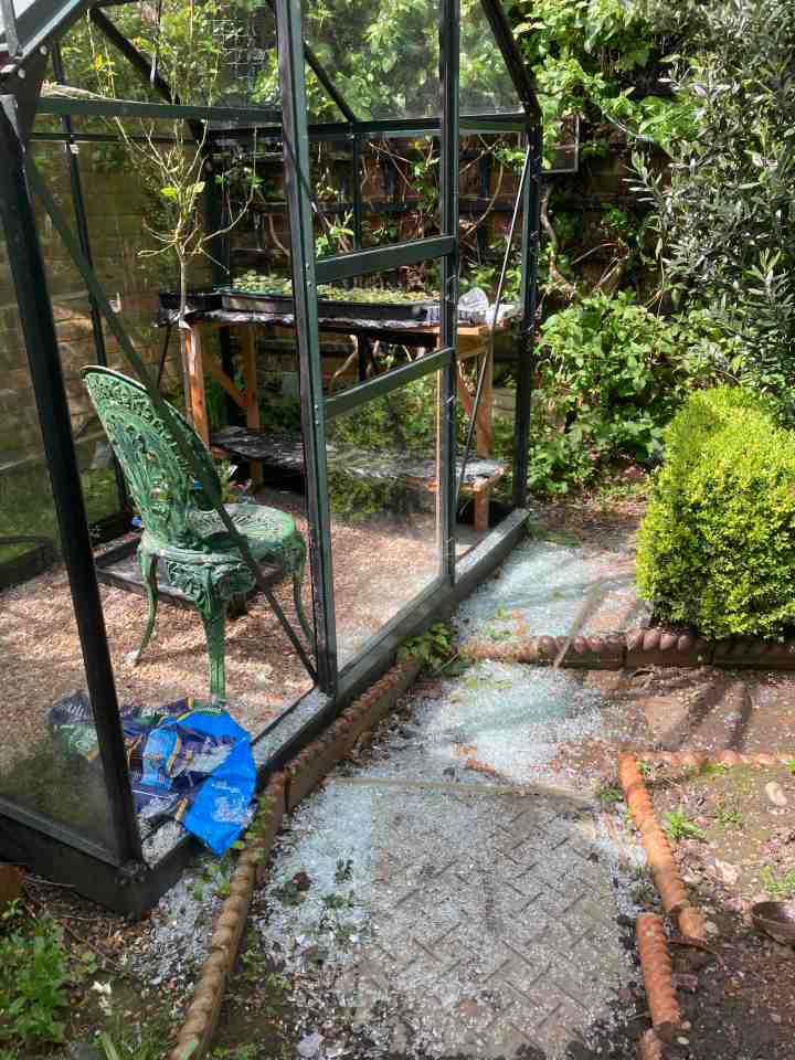 Broken glass scattered around a damaged greenhouse.