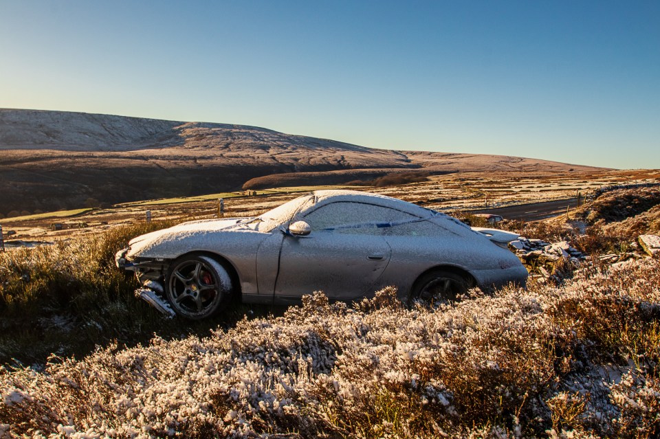 A crashed Porsche near Holmfirth in West Yorkshire