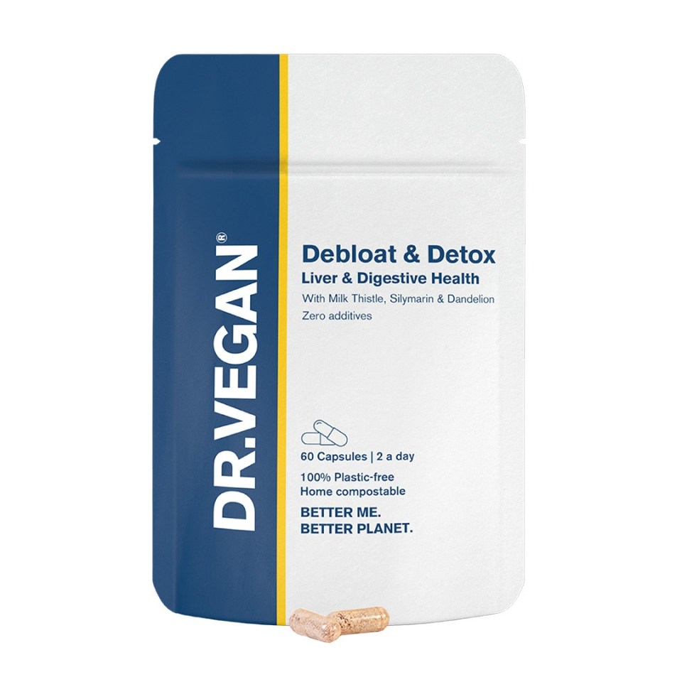 Dr. Vegan Debloat & Detox Liver & Digestive Health supplement pouch with capsules.