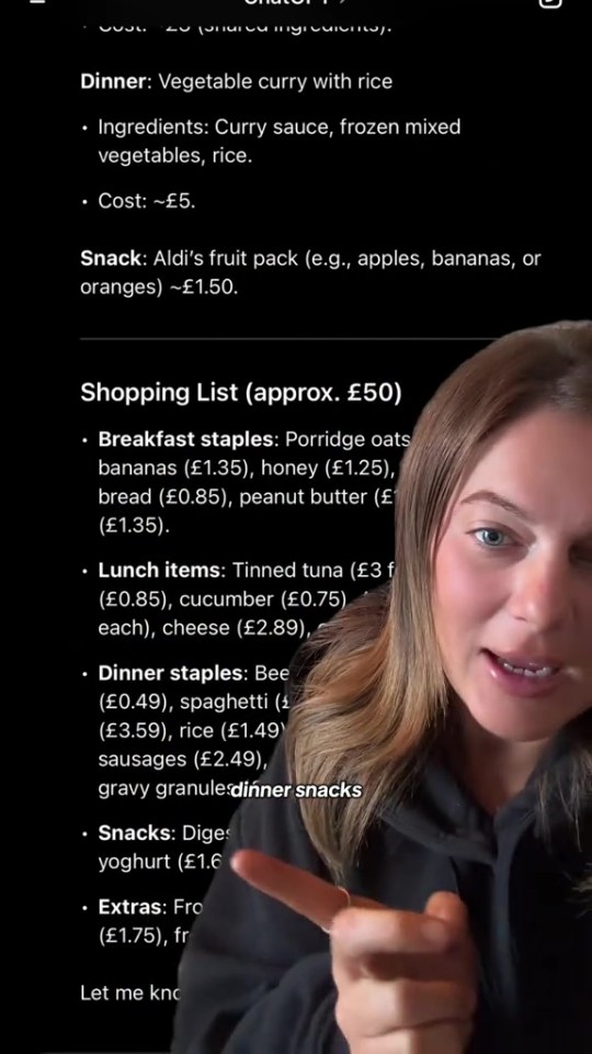 Woman pointing at a shopping list for a £50 budget, including breakfast, lunch, and dinner items.