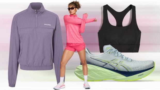 Fitness apparel collage: jacket, top, shorts, sports bra, and running shoes.