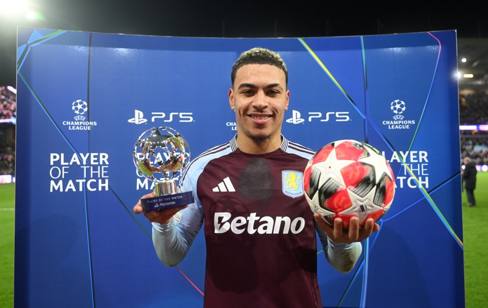 BIRMINGHAM, ENGLAND - JANUARY 29: Morgan Rogers of Aston Villa poses for a photo with the PlayStation Player Of The Match award after the team's victory the UEFA Champions League 2024/25 League Phase MD8 match between Aston Villa FC and Celtic FC at Villa Park on January 29, 2025 in Birmingham, England. (Photo by Michael Regan - UEFA/UEFA via Getty Images)