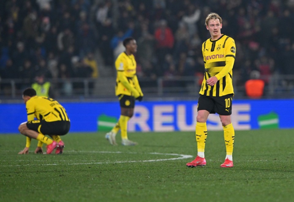 BOLOGNA, ITALY - JANUARY 21: Julian Brandt of Borussia Dortmund looks dejected after the team's defeat following the UEFA Champions League 2024/25 League Phase MD7 match between Bologna FC 1909 and Borussia Dortmund at Stadio Renato Dall'Ara on January 21, 2025 in Bologna, Italy. (Photo by Chris Ricco - UEFA/UEFA via Getty Images)