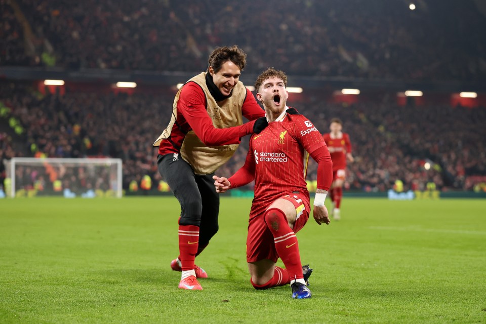 LIVERPOOL, ENGLAND - JANUARY 21: Harvey Elliott of Liverpool celebrates with teammate Federico Chiesa after scoring his team's second goal during the UEFA Champions League 2024/25 League Phase MD7 match between Liverpool FC and LOSC Lille at Anfield on January 21, 2025 in Liverpool, England. (Photo by Carl Recine/Getty Images)