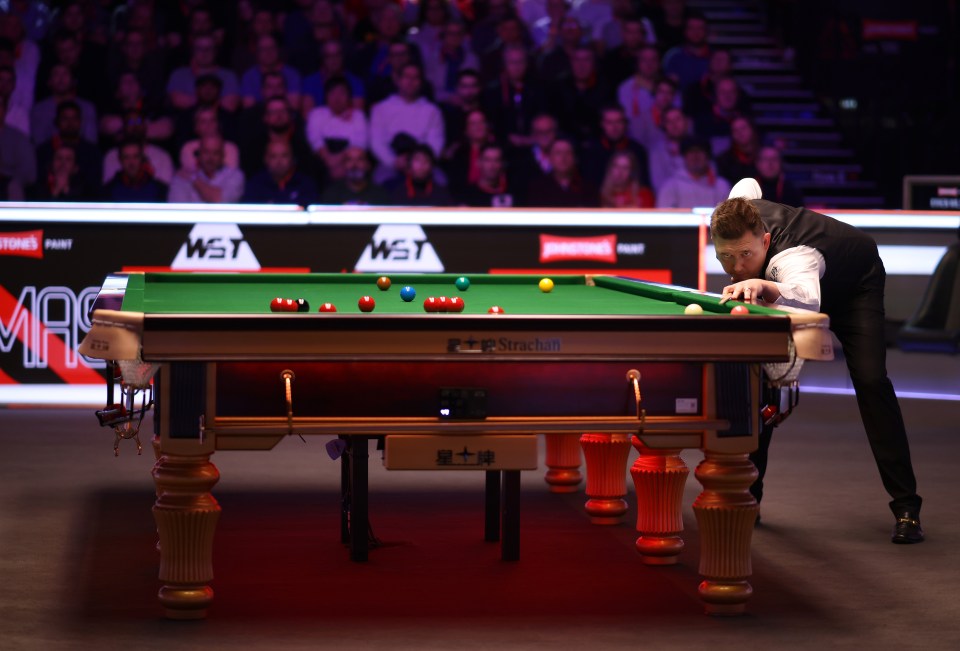 LONDON, ENGLAND - JANUARY 18: Kyren Wilson of England plays a shot during his Semi final match against Judd Trump of England  on day seven of the Johnstone's Paint Masters 2025 at Alexandra Palace on January 18, 2025 in London, England. (Photo by Paul Harding/Getty Images)