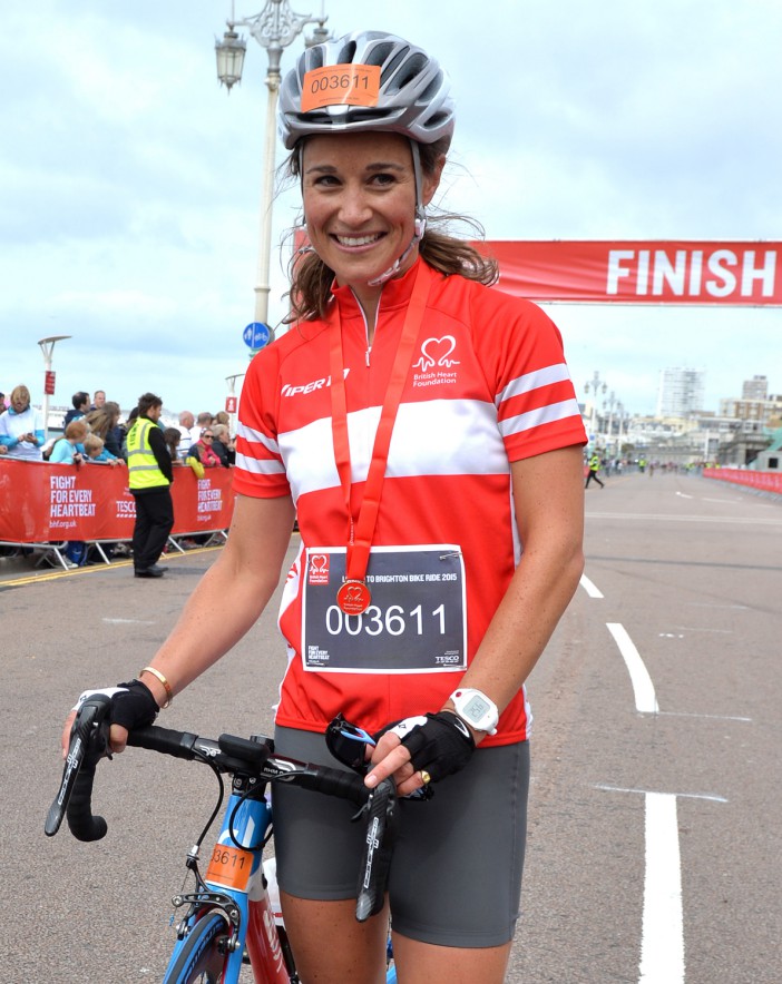 BRIGHTON, ENGLAND - JUNE 21: Pippa Middleton Finishes the London To Brighton Bike Ride For British Heart Foundation on June 21, 2015 in Brighton, England. (Photo by Anthony Harvey/Getty Images)