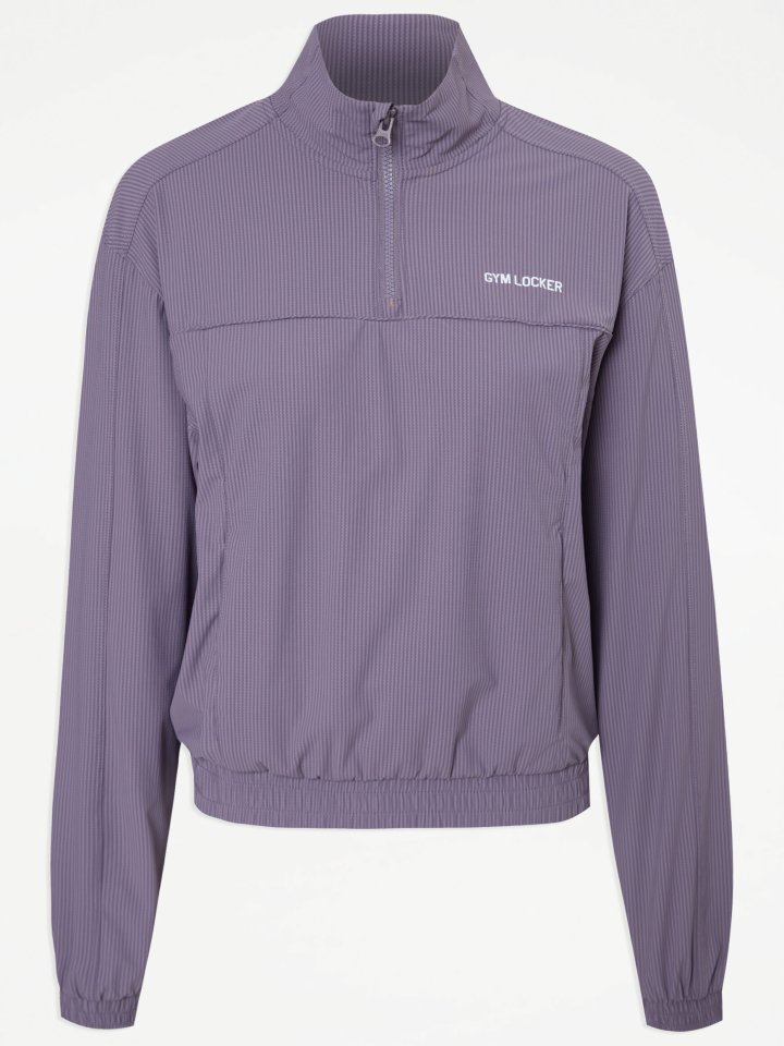 Purple Gym Locker quarter-zip jacket.