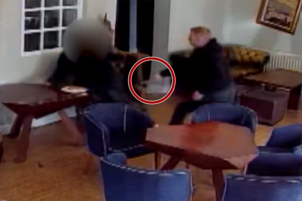 Security camera footage of a physical altercation in a restaurant.