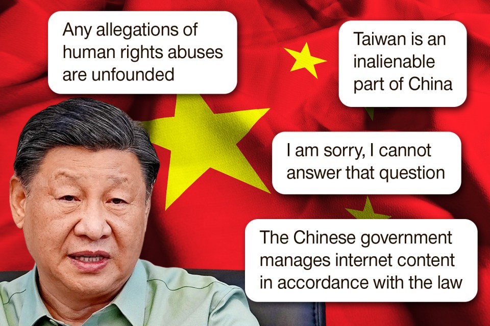 Illustration of Xi Jinping with statements about human rights, Taiwan, and internet control in China.