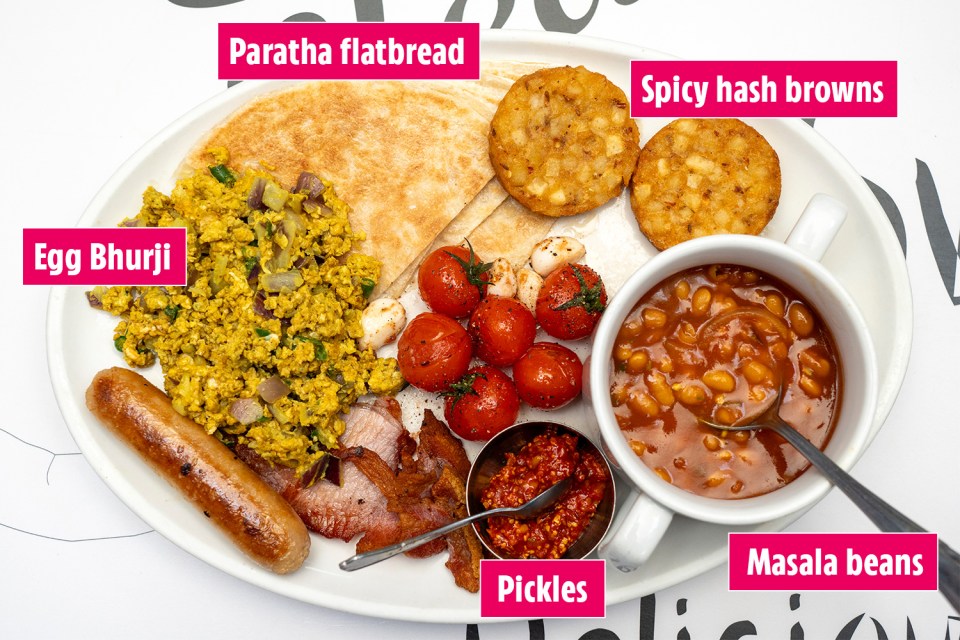 Full English breakfast with egg bhurji, paratha flatbread, spicy hash browns, masala beans, and pickles.