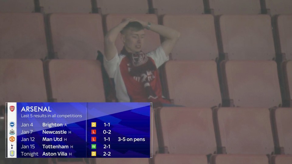 Disappointed Arsenal fan in stadium seats; recent match results shown.