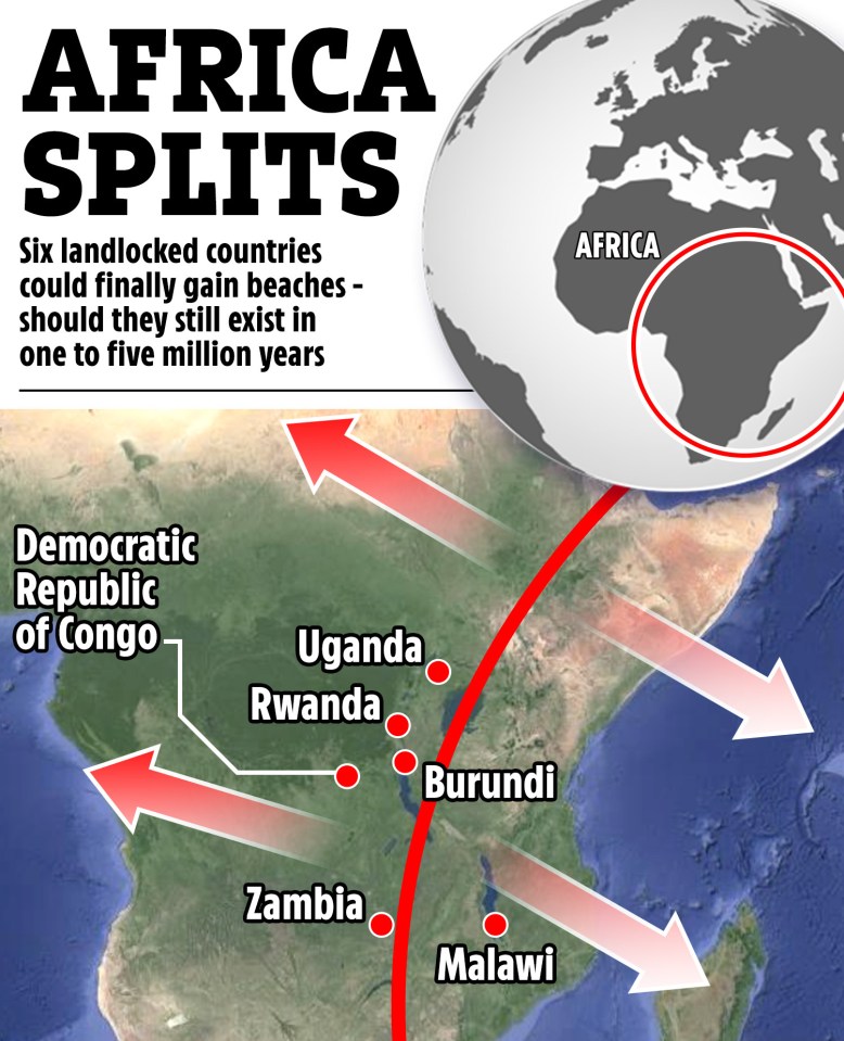 Illustration of Africa splitting, showing six landlocked countries gaining coastlines in millions of years.