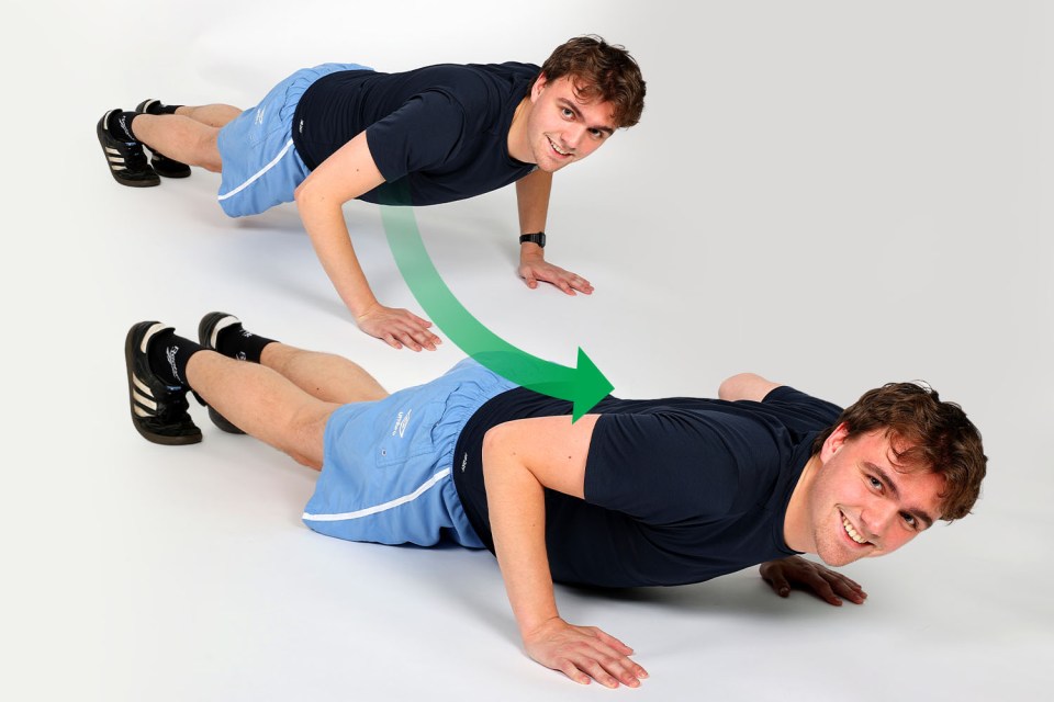 Lower your body close to the ground, engaging the chest muscles, then push yourself up again